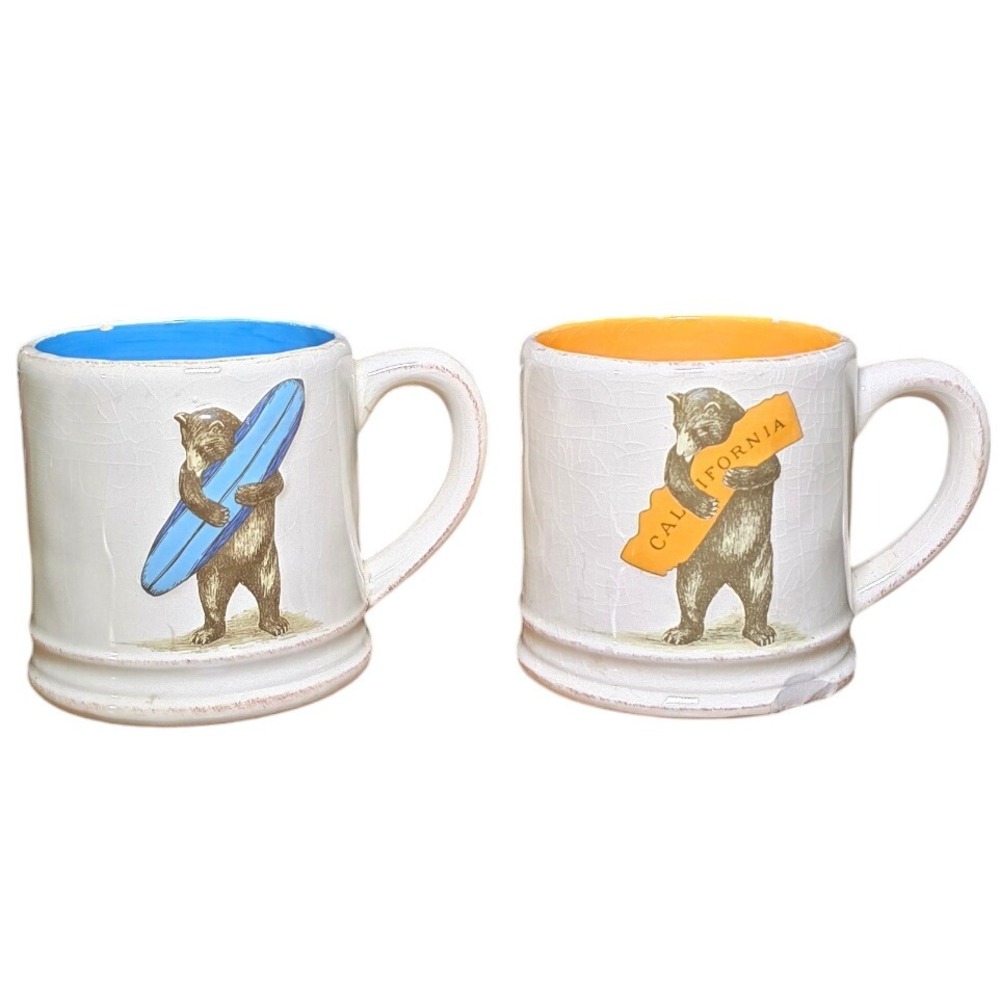 SF Mercantile California Bear Surfer Coffee Mugs Set of‎ 2 Blue Orange Ceramic
